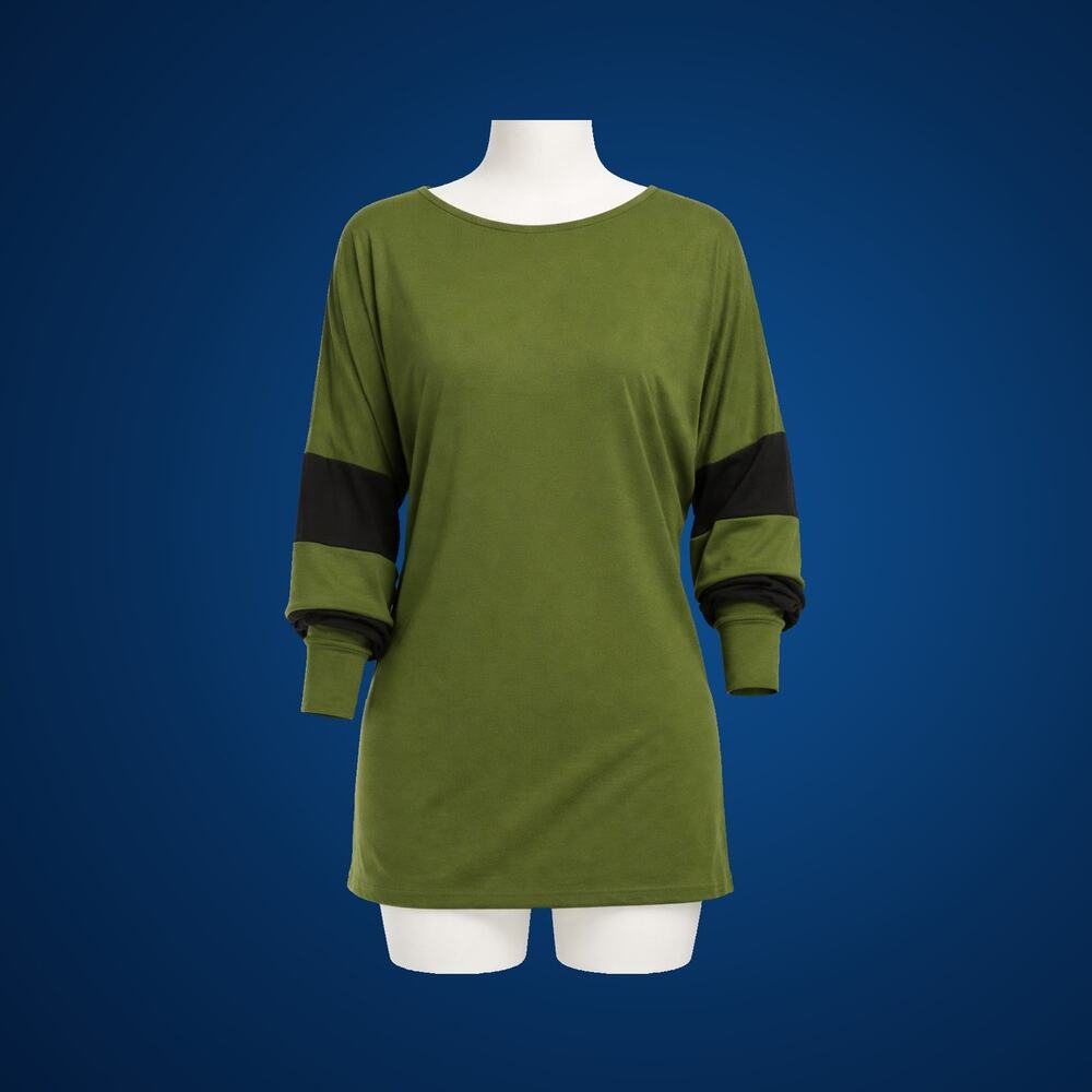 Women's Army Green Color Block Long Sleeves Batwing Oversized Top Size Small